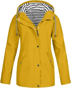 Women Waterproof Rain Jacket Lightweight Windproof Trench Coats Zip Button Hooded Hiking Jacket Utility Outdoor Coat