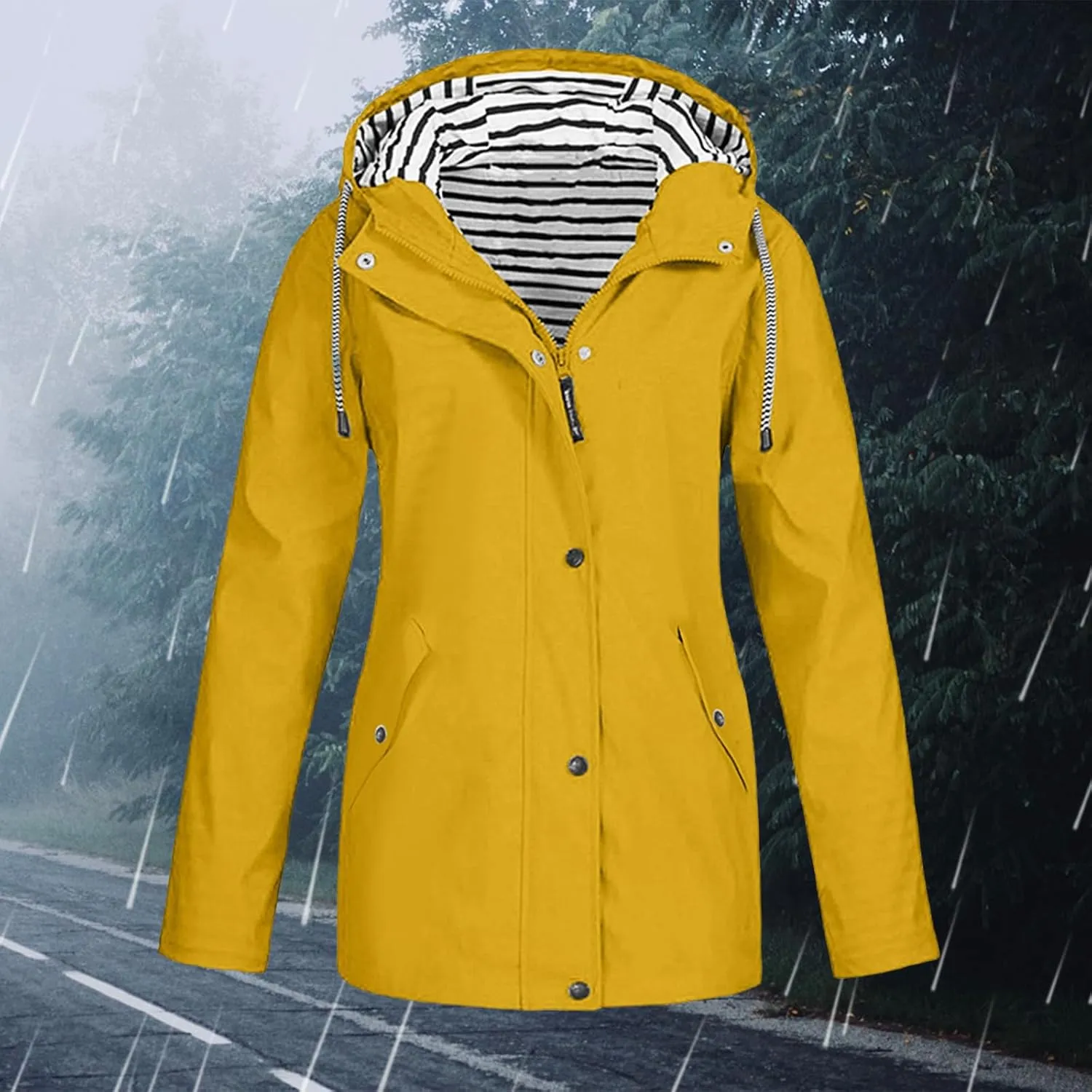 Women Waterproof Rain Jacket Lightweight Windproof Trench Coats Zip Button Hooded Hiking Jacket Utility Outdoor Coat