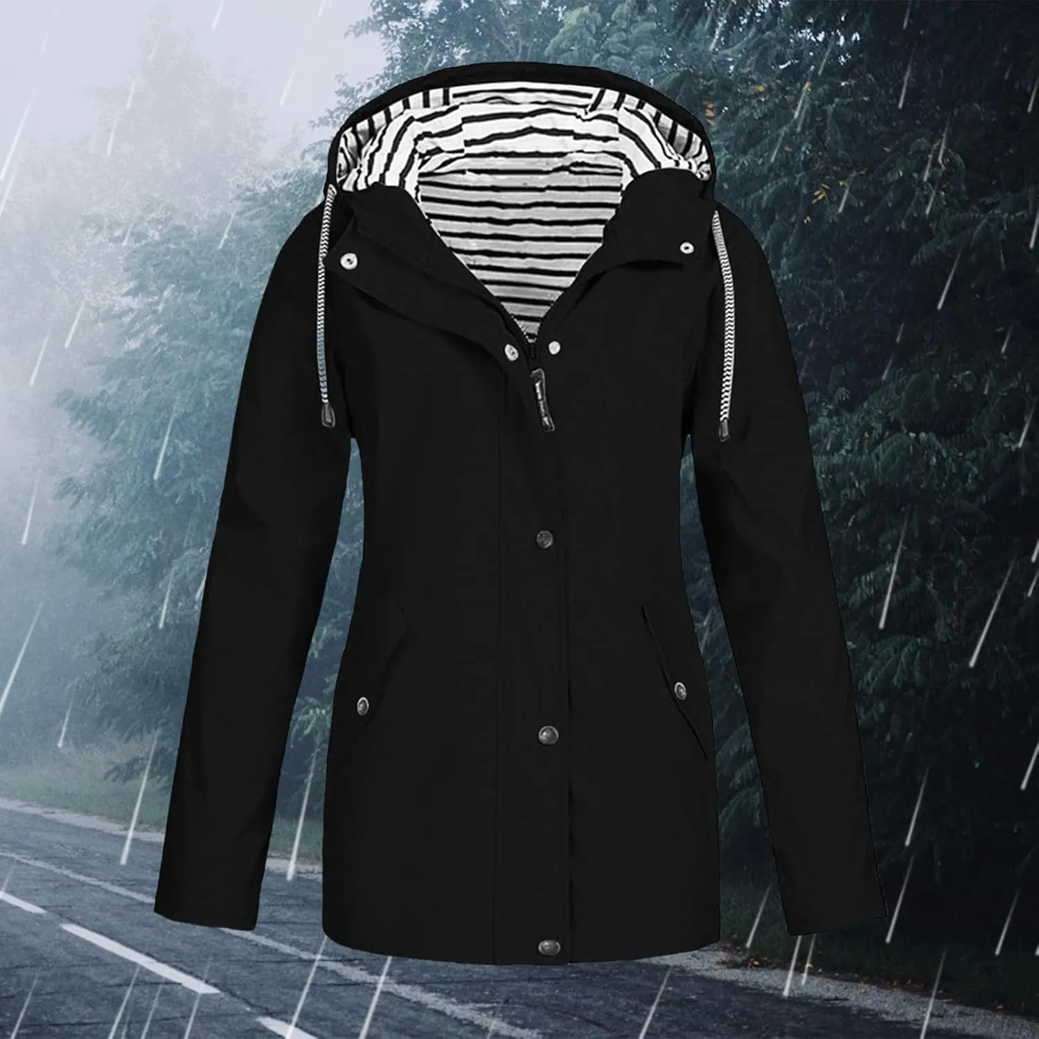 Women Waterproof Rain Jacket Lightweight Windproof Trench Coats Zip Button Hooded Hiking Jacket Utility Outdoor Coat