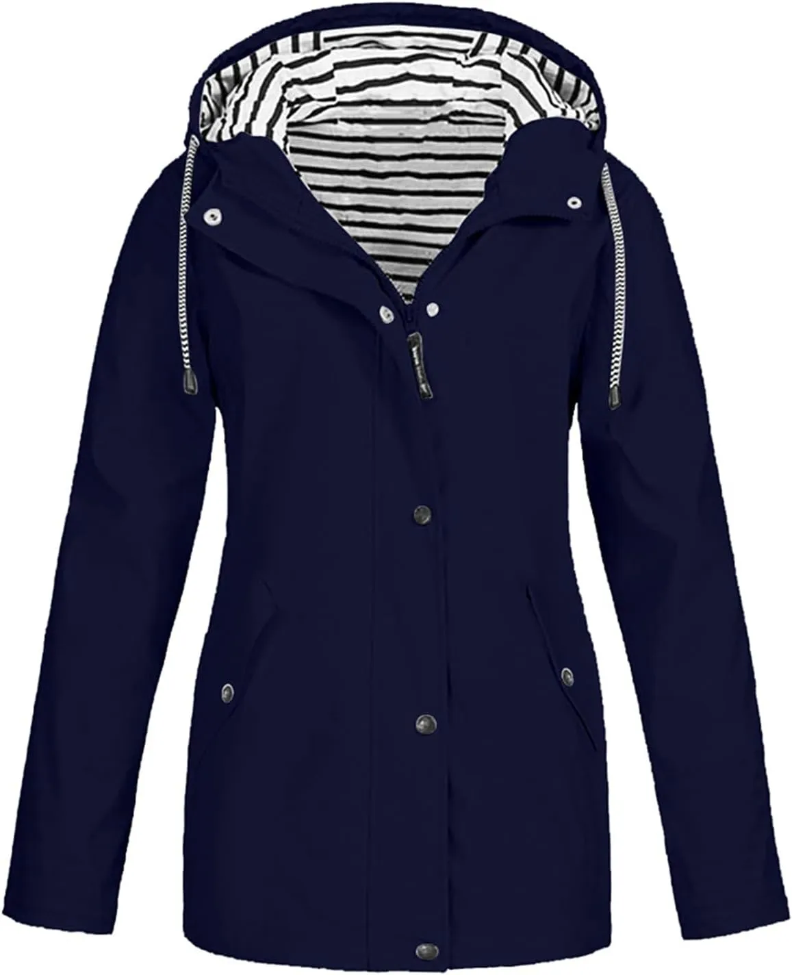 Women Waterproof Rain Jacket Lightweight Windproof Trench Coats Zip Button Hooded Hiking Jacket Utility Outdoor Coat