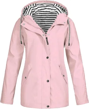 Women Waterproof Rain Jacket Lightweight Windproof Trench Coats Zip Button Hooded Hiking Jacket Utility Outdoor Coat