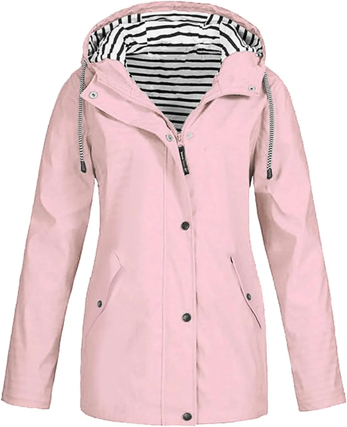 Women Waterproof Rain Jacket Lightweight Windproof Trench Coats Zip Button Hooded Hiking Jacket Utility Outdoor Coat