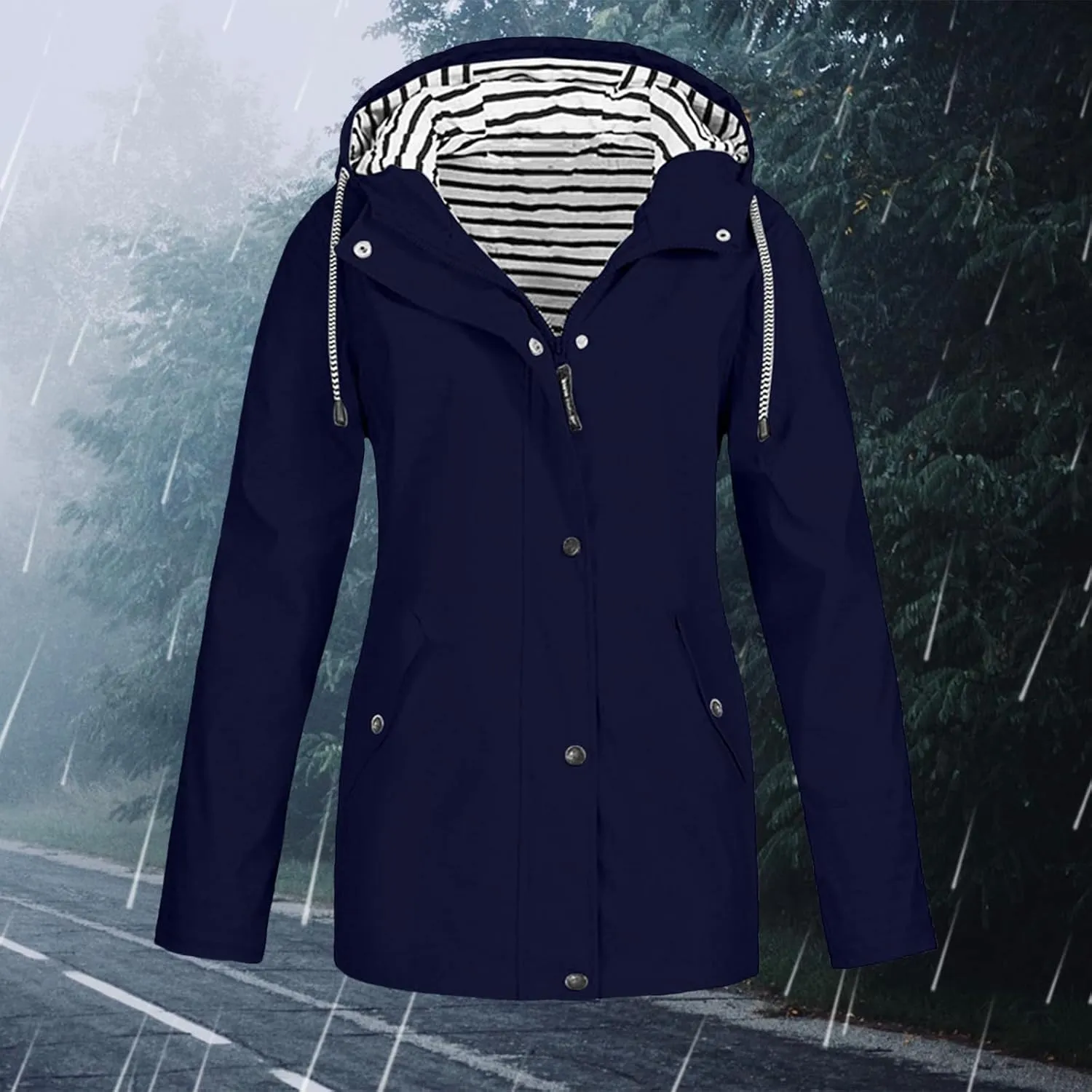Women Waterproof Rain Jacket Lightweight Windproof Trench Coats Zip Button Hooded Hiking Jacket Utility Outdoor Coat