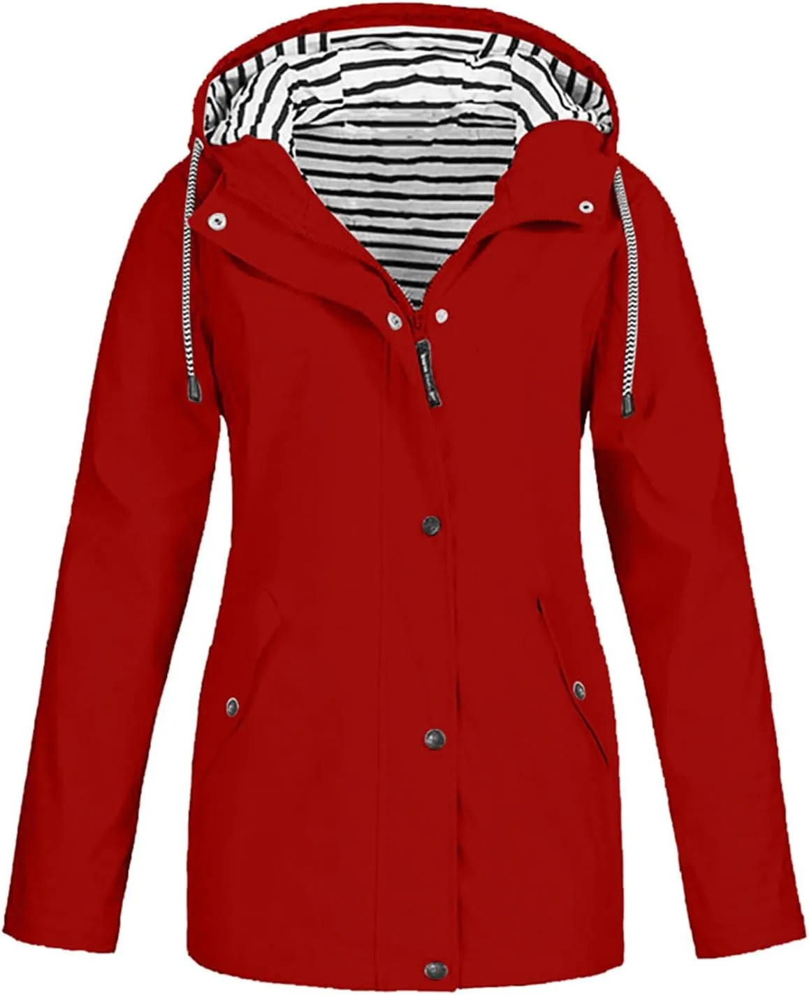 Women Waterproof Rain Jacket Lightweight Windproof Trench Coats Zip Button Hooded Hiking Jacket Utility Outdoor Coat