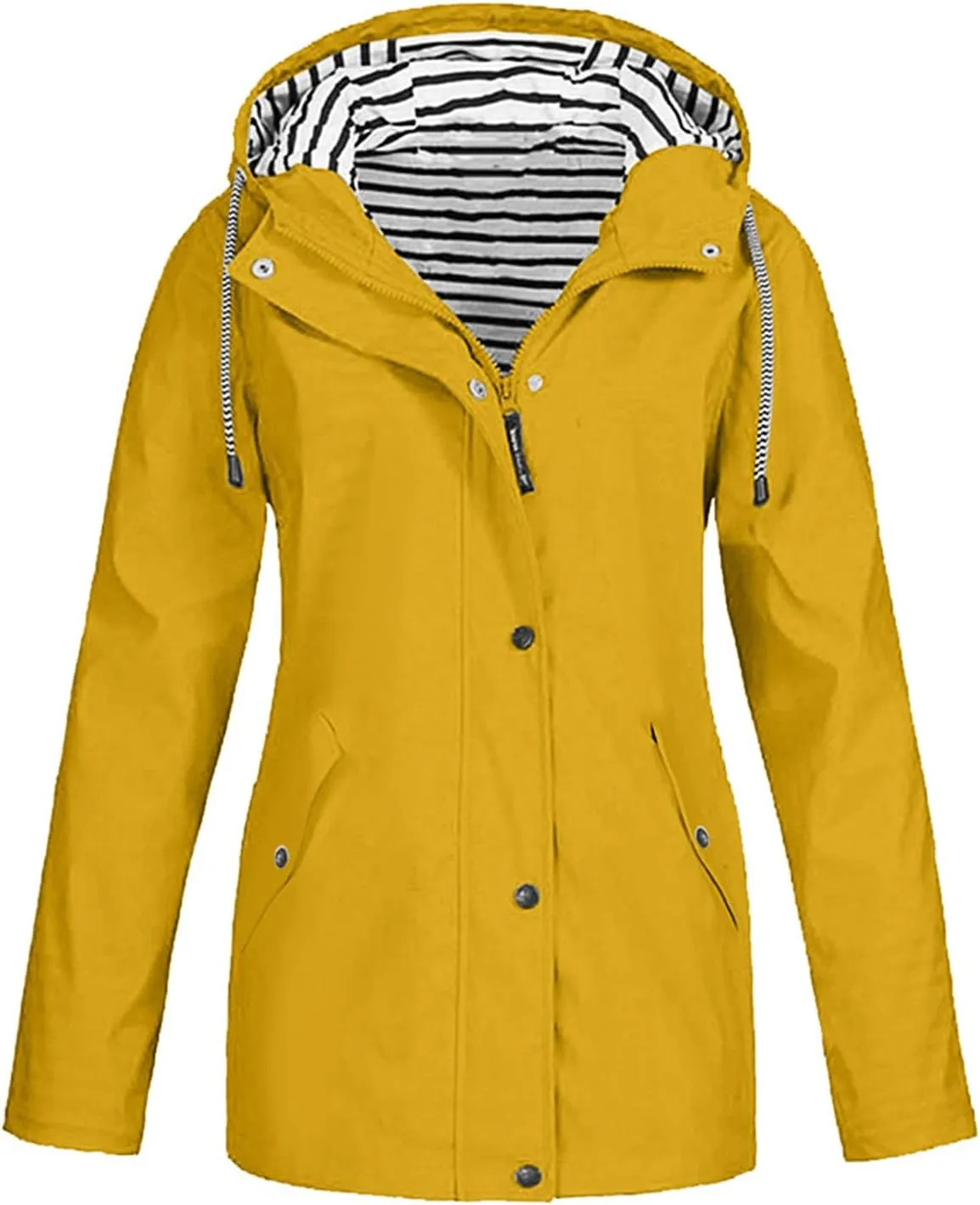 Women Waterproof Rain Jacket Lightweight Windproof Trench Coats Zip Button Hooded Hiking Jacket Utility Outdoor Coat