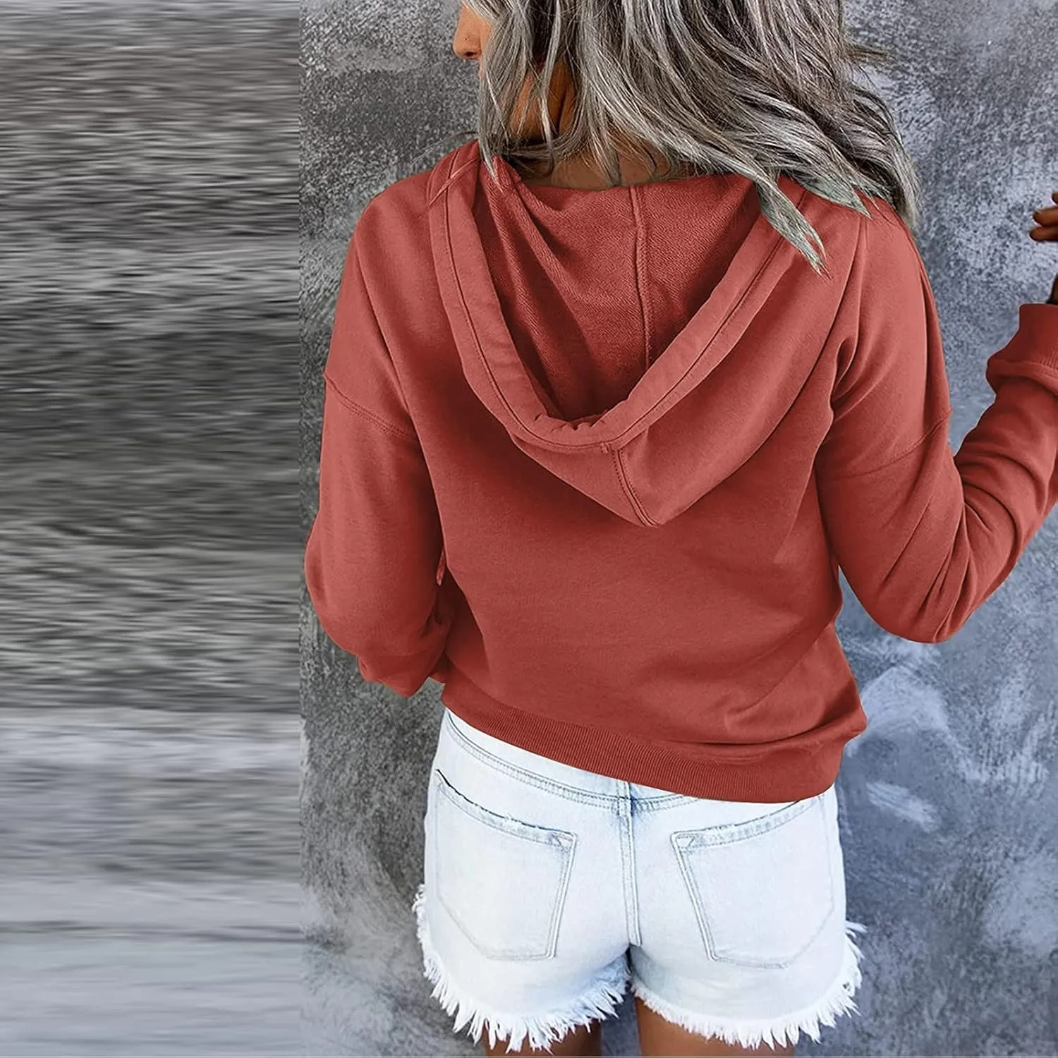 Womens Casual Hoodies Fall Button Long Sleeve Sweatshirts Solid Color Drawstring Pullover Hooded Shirts with Pocket