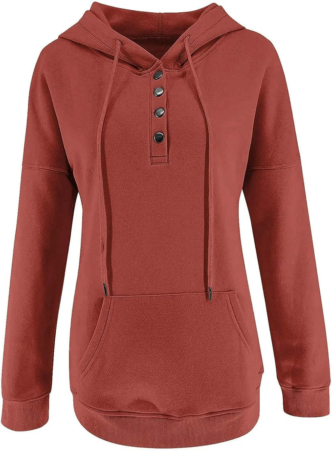 Womens Casual Hoodies Fall Button Long Sleeve Sweatshirts Solid Color Drawstring Pullover Hooded Shirts with Pocket
