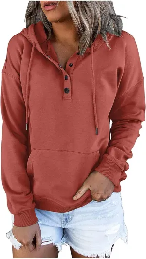 Womens Casual Hoodies Fall Button Long Sleeve Sweatshirts Solid Color Drawstring Pullover Hooded Shirts with Pocket