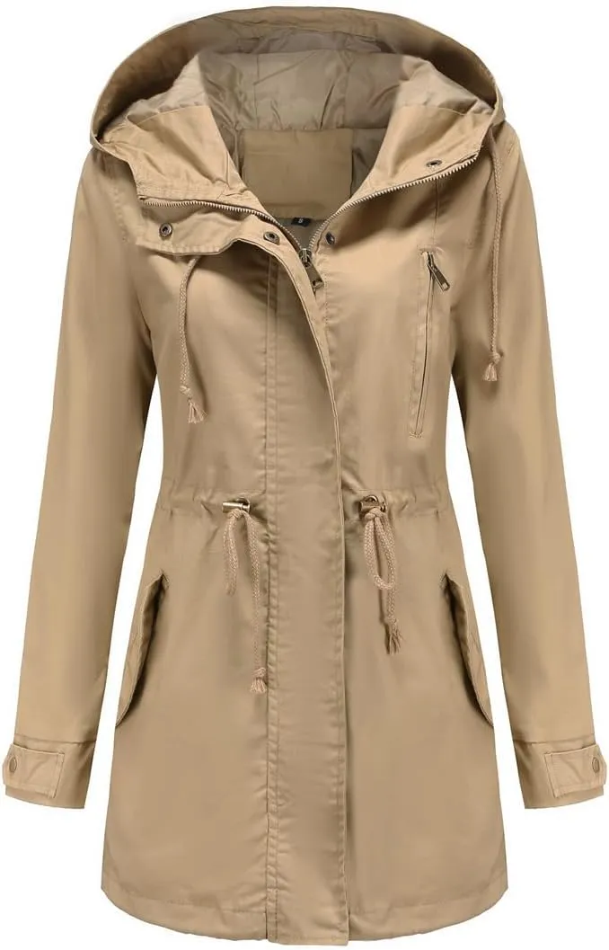 Women's Casual Ligtweight Military Jackets Anorak Utility High Waist Drawstring Zip Up Hood Coat