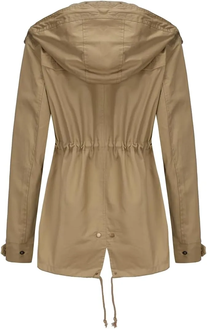 Women's Casual Ligtweight Military Jackets Anorak Utility High Waist Drawstring Zip Up Hood Coat