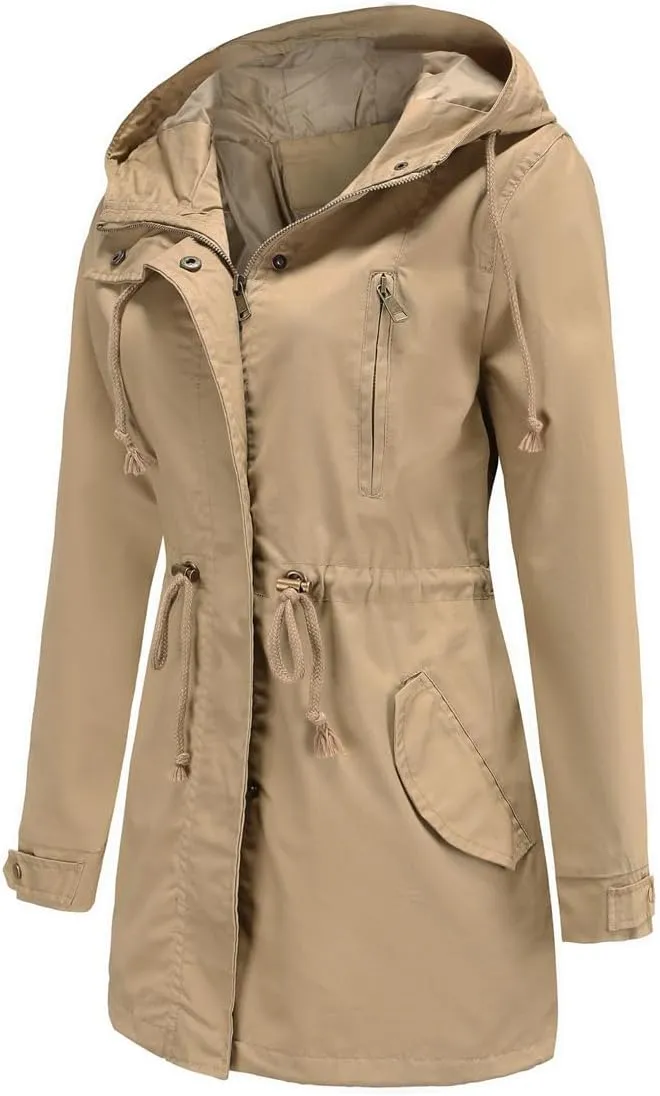 Women's Casual Ligtweight Military Jackets Anorak Utility High Waist Drawstring Zip Up Hood Coat
