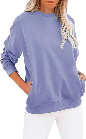Women's Casual Long Sleeve Shirts Color Block/Solid Blouses Crewneck Sweatshirts Cute Loose Fit Pullovers Tops with Pockets