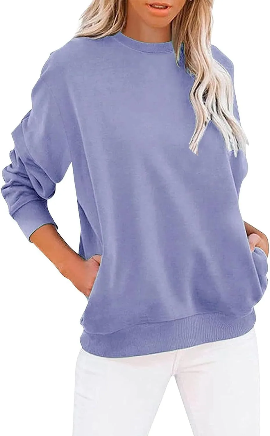 Women's Casual Long Sleeve Shirts Color Block/Solid Blouses Crewneck Sweatshirts Cute Loose Fit Pullovers Tops with Pockets