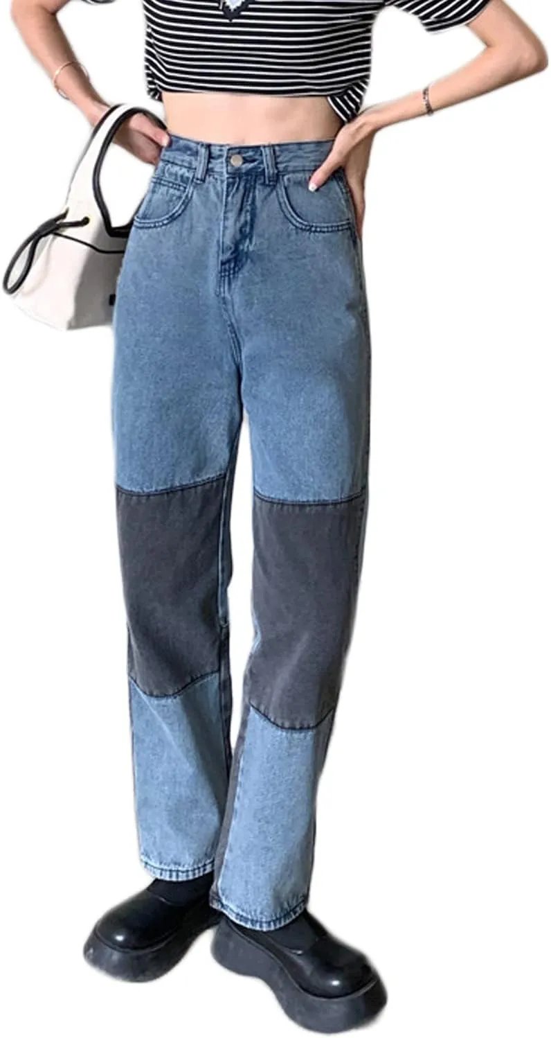 Womens Color Block Jeans High Waisted Straight Leg Stretch Patchwork Denim Pants Womens Girls Patch Pencil Jeans
