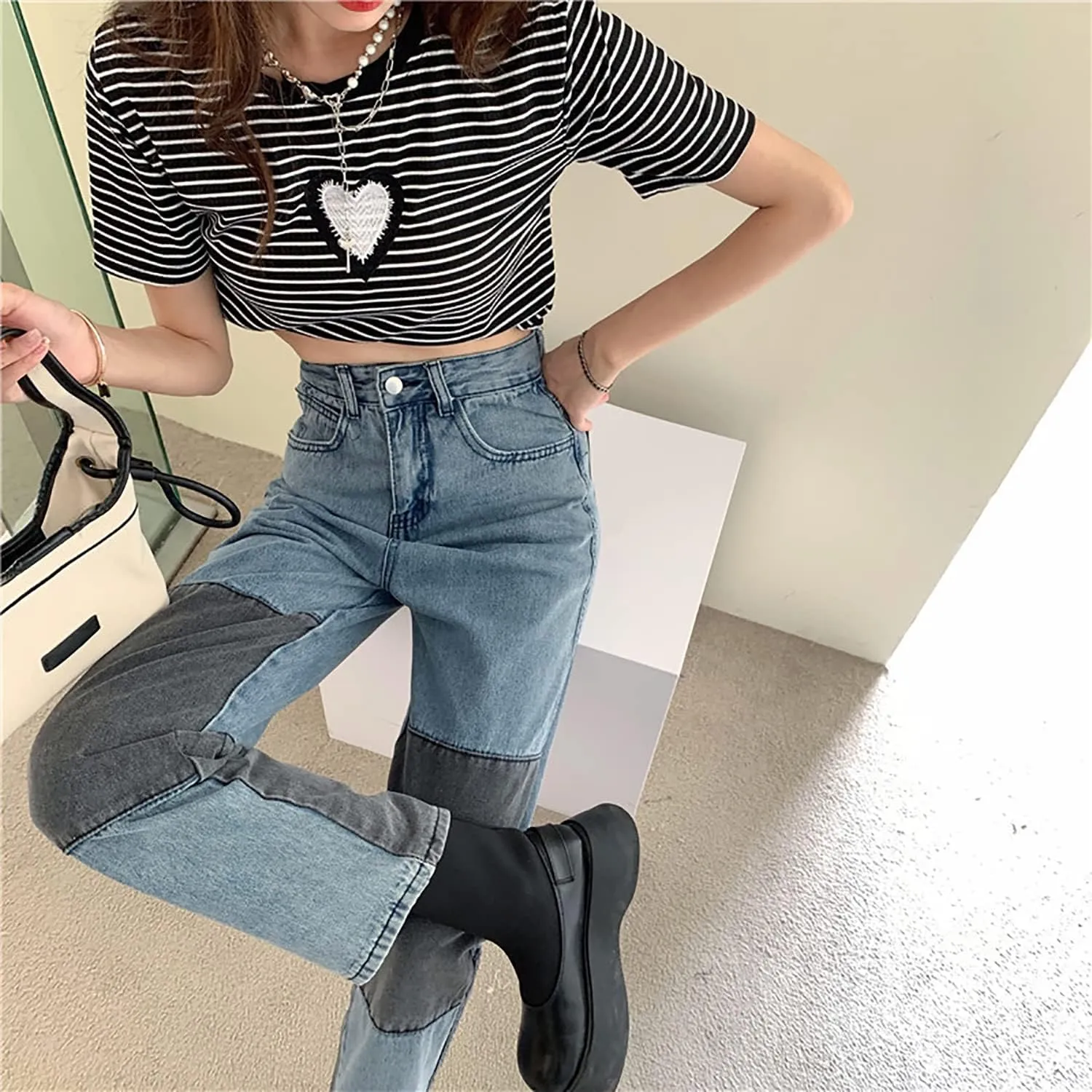 Womens Color Block Jeans High Waisted Straight Leg Stretch Patchwork Denim Pants Womens Girls Patch Pencil Jeans