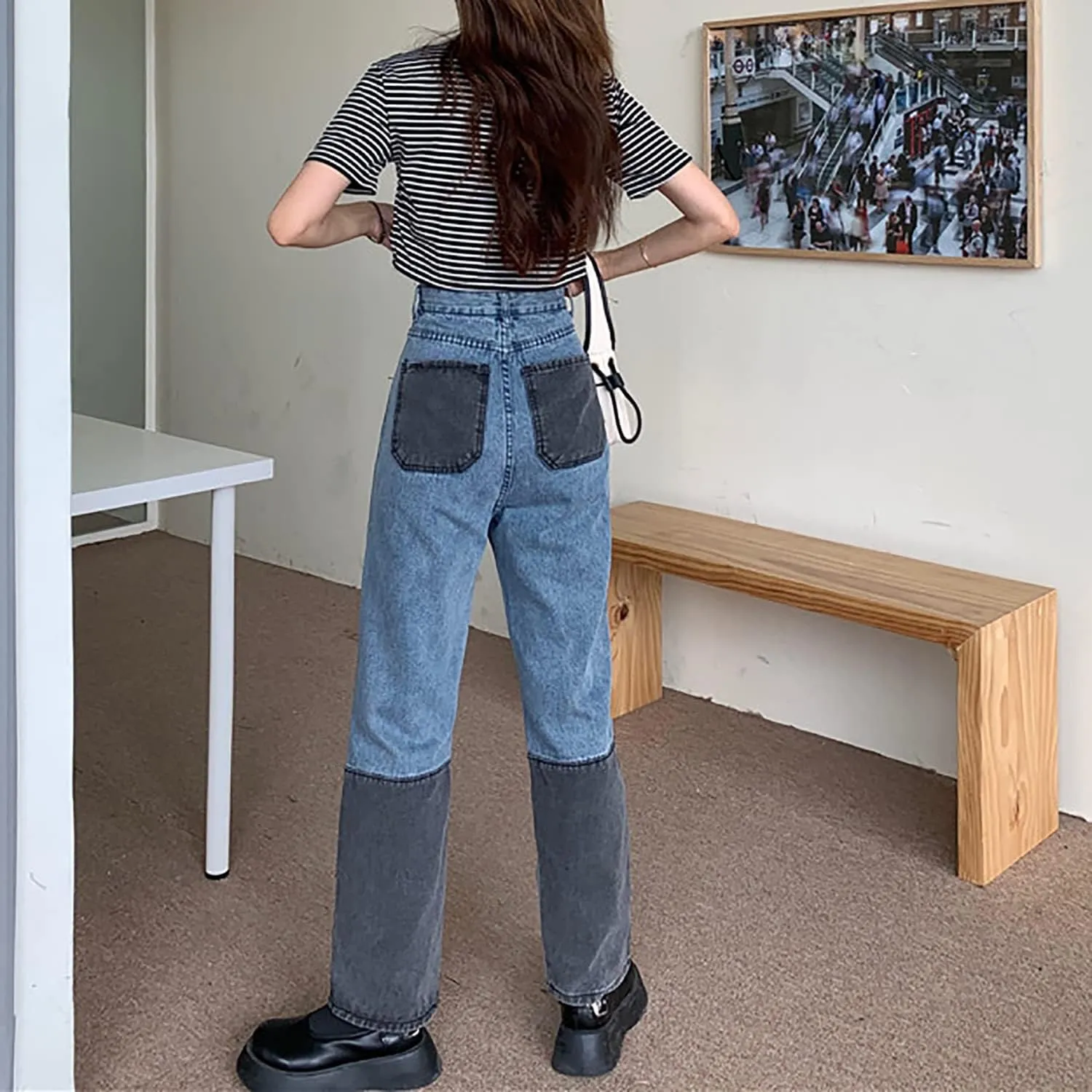Womens Color Block Jeans High Waisted Straight Leg Stretch Patchwork Denim Pants Womens Girls Patch Pencil Jeans