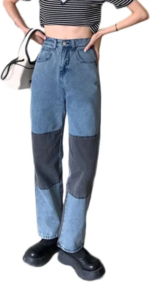 Womens Color Block Jeans High Waisted Straight Leg Stretch Patchwork Denim Pants Womens Girls Patch Pencil Jeans