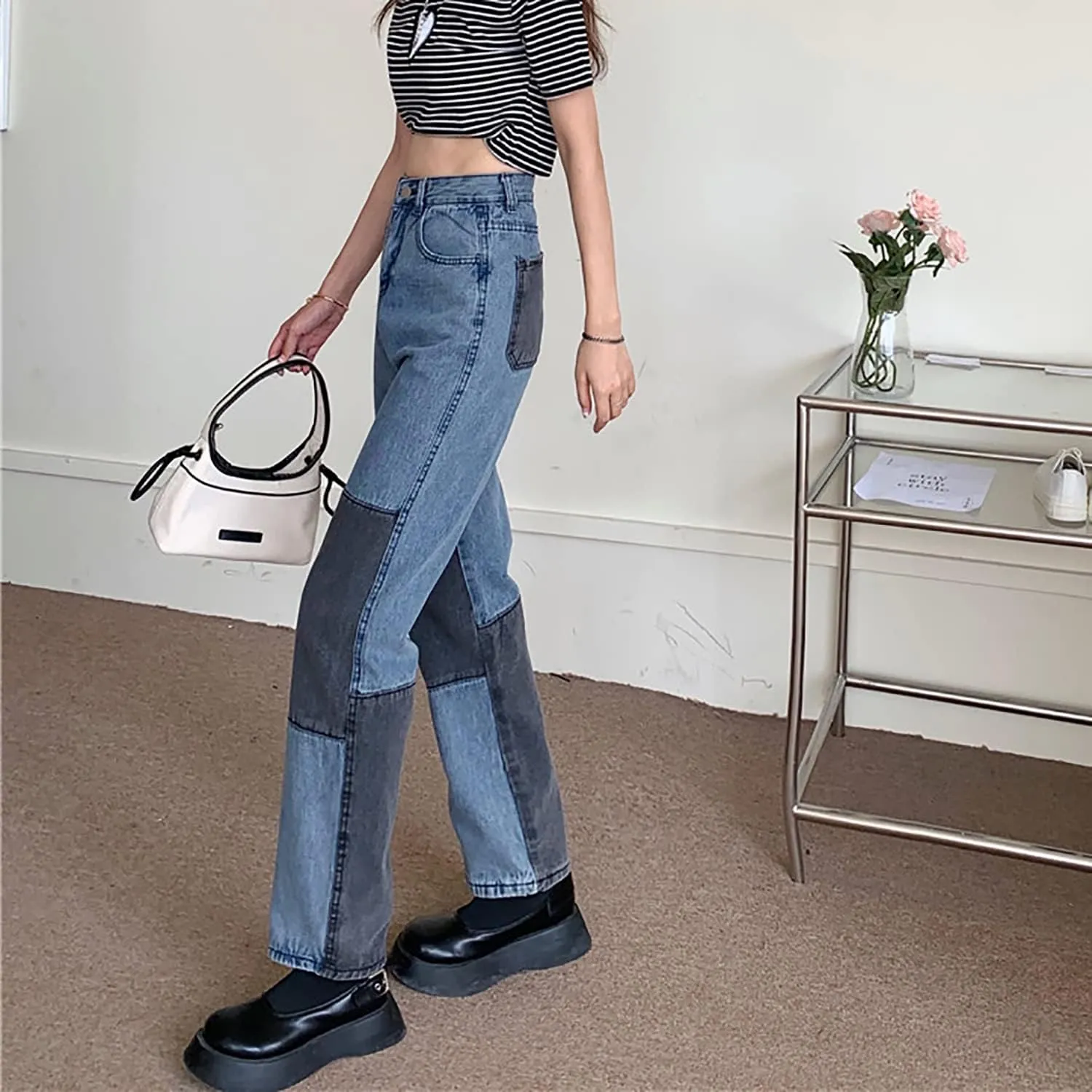 Womens Color Block Jeans High Waisted Straight Leg Stretch Patchwork Denim Pants Womens Girls Patch Pencil Jeans