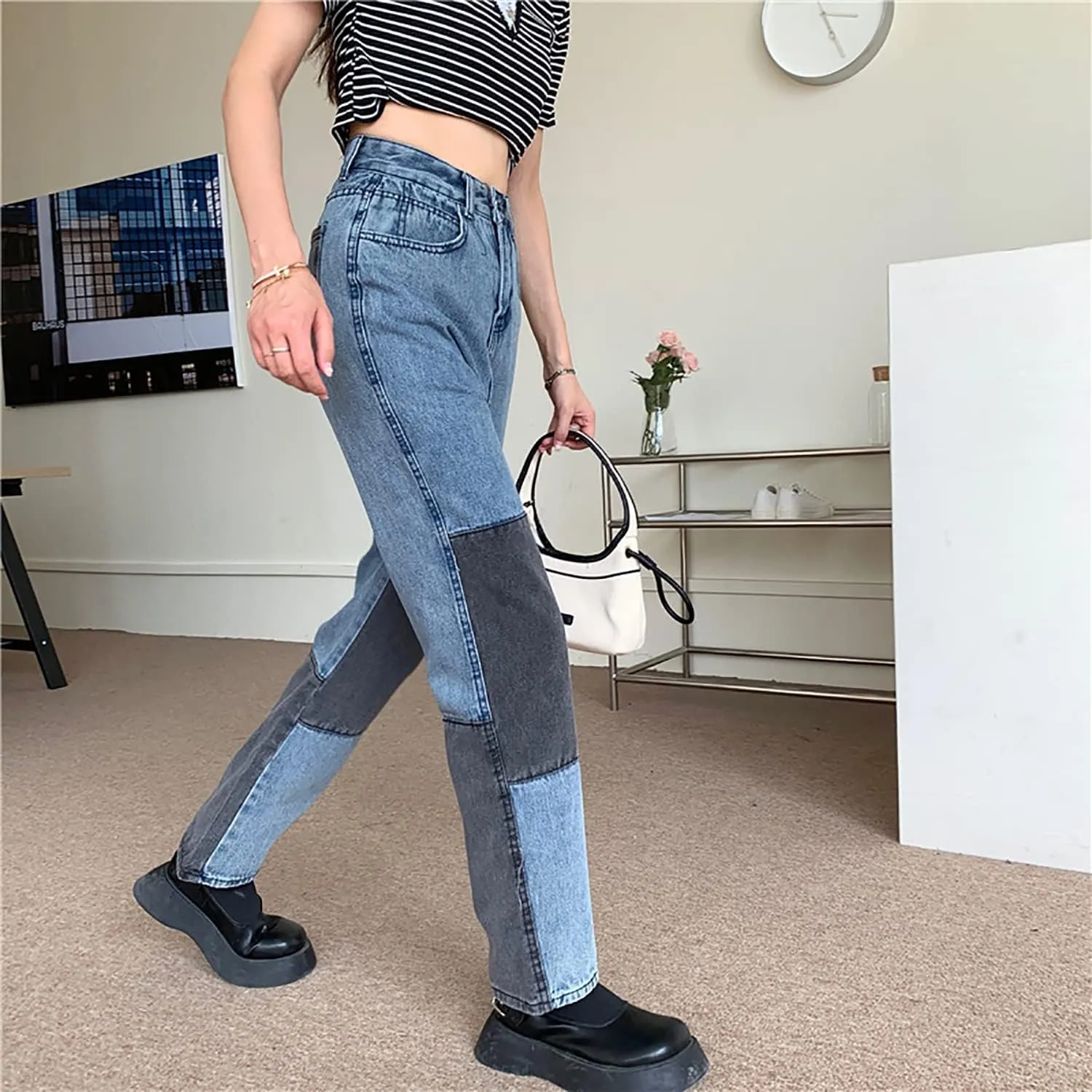 Womens Color Block Jeans High Waisted Straight Leg Stretch Patchwork Denim Pants Womens Girls Patch Pencil Jeans