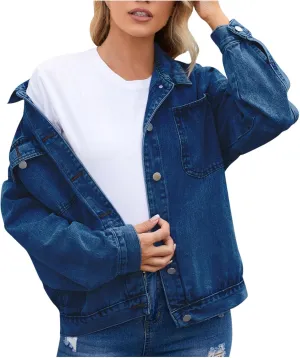 Womens Denim Jacket 2024 Button Up Distressed Jean Jackets Vintage Western Boyfriend Lightweight Coat with Pocket