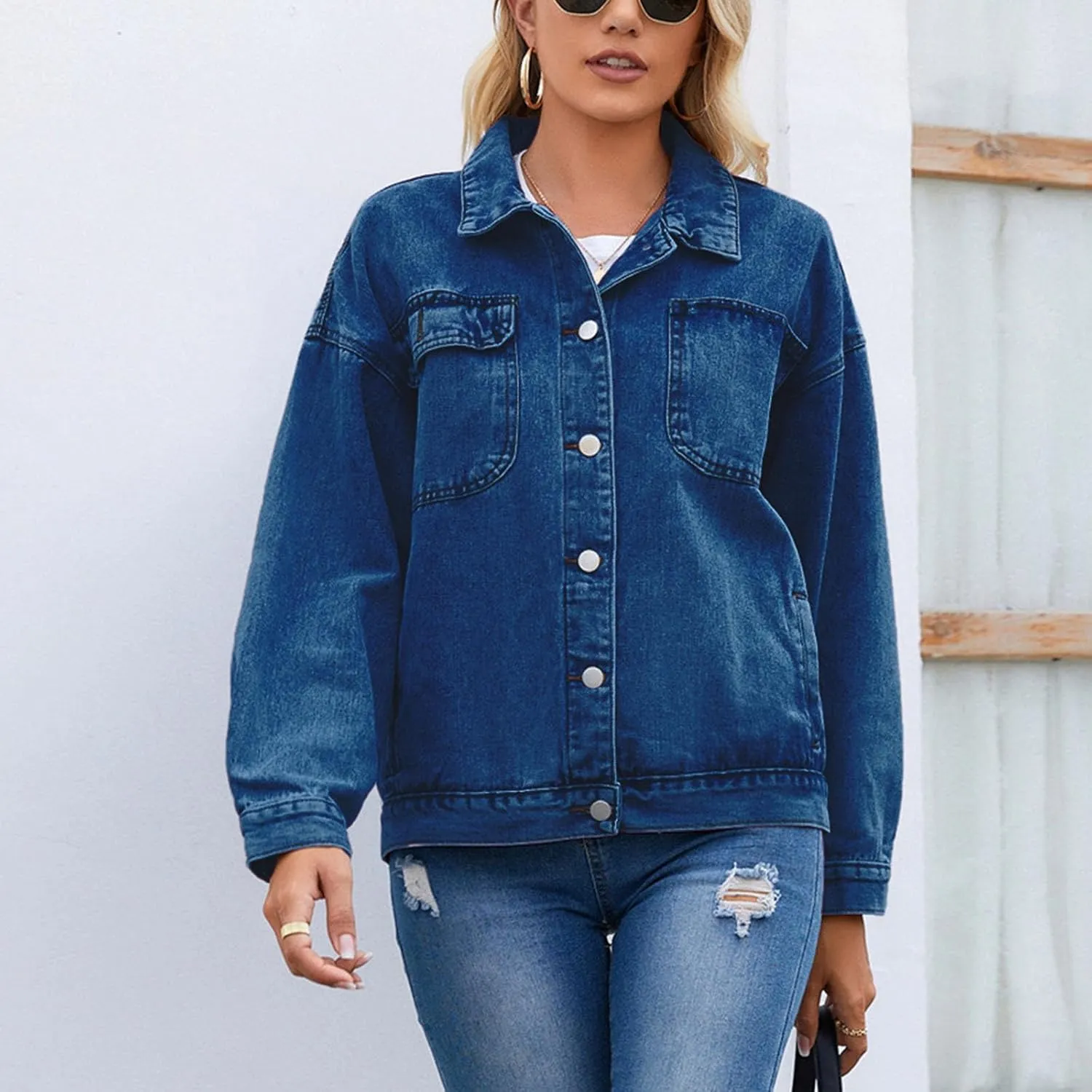 Womens Denim Jacket 2024 Button Up Distressed Jean Jackets Vintage Western Boyfriend Lightweight Coat with Pocket