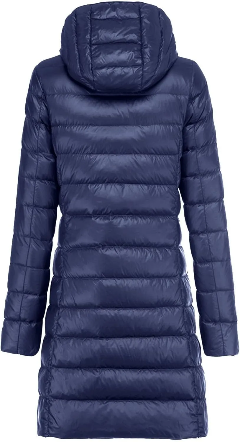 Women's Down Long Hooded Jacket Down Puffer Coat Packable Long Down Coat Hood Winter Puffer Jacket