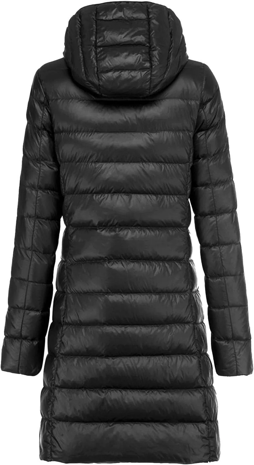 Women's Down Long Hooded Jacket Down Puffer Coat Packable Long Down Coat Hood Winter Puffer Jacket