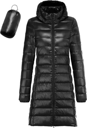 Women's Down Long Hooded Jacket Down Puffer Coat Packable Long Down Coat Hood Winter Puffer Jacket