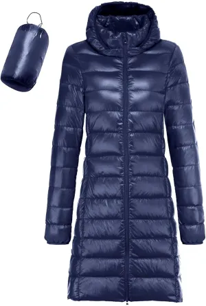 Women's Down Long Hooded Jacket Down Puffer Coat Packable Long Down Coat Hood Winter Puffer Jacket