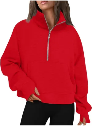 Womens Fall Fashion 2023 Long Sleeve Sweatshirts Cropped Pullover Fleece Quarter Zipper Hoodies Fall Outfits Clothes