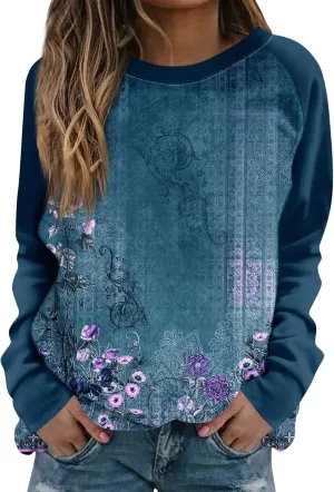 Womens Fall Fashion 2024 Floral Print Crewneck Vintage Sweatshirts Long Sleeve Plus Size Loose Fit Sweater Clothing