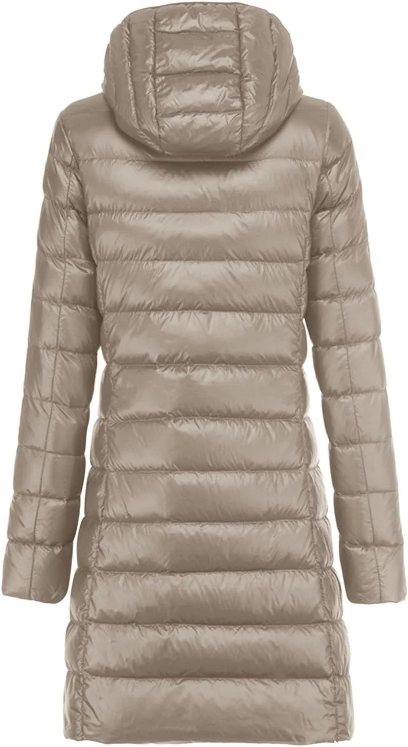 Women's Fashion Winter Packable Down Jacket Plus Size Lightweight Long Down Outerwear Puffer Jacket Hooded Coat