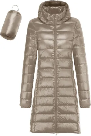 Women's Fashion Winter Packable Down Jacket Plus Size Lightweight Long Down Outerwear Puffer Jacket Hooded Coat