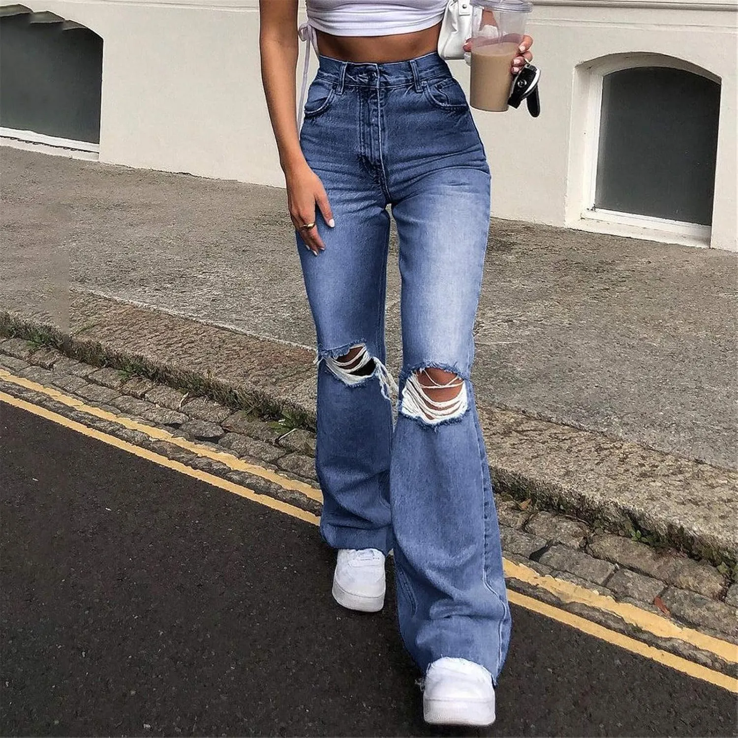 Women's Flare Bell Bottom Jeans Ripped Jeans,Stretch Denim Pants Flare Leg Bootcut Distressed Jeans Y2K Jeans