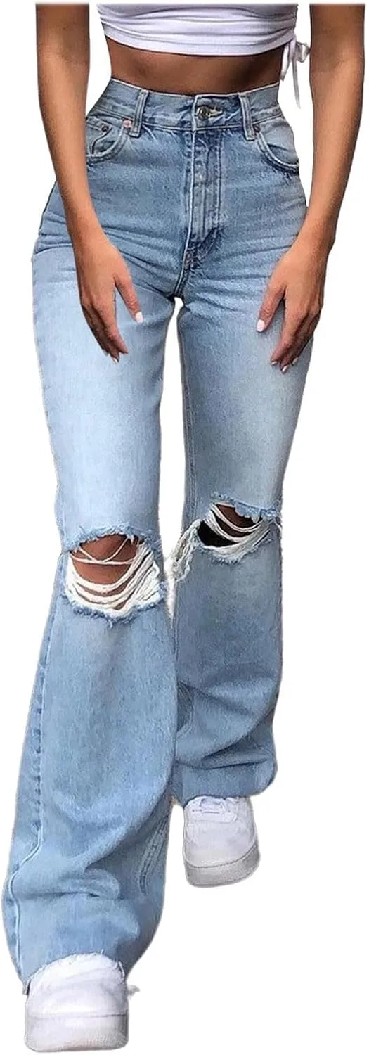 Women's Flare Bell Bottom Jeans Ripped Jeans,Stretch Denim Pants Flare Leg Bootcut Distressed Jeans Y2K Jeans