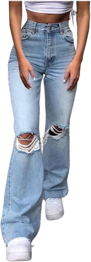 Women's Flare Bell Bottom Jeans Ripped Jeans,Stretch Denim Pants Flare Leg Bootcut Distressed Jeans Y2K Jeans
