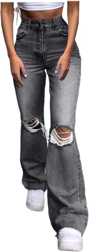 Women's Flare Bell Bottom Jeans Ripped Jeans,Stretch Denim Pants Flare Leg Bootcut Distressed Jeans Y2K Jeans