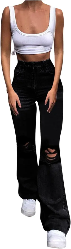 Women's Flare Bell Bottom Jeans Ripped Jeans,Stretch Denim Pants Flare Leg Bootcut Distressed Jeans Y2K Jeans