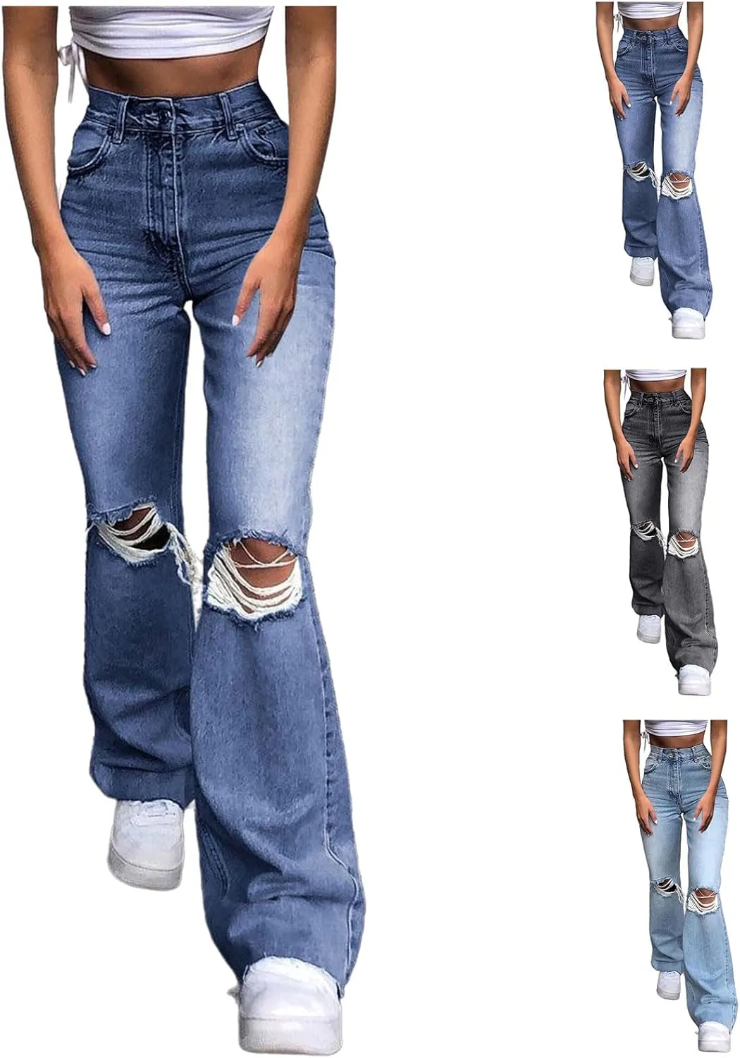 Women's Flare Bell Bottom Jeans Ripped Jeans,Stretch Denim Pants Flare Leg Bootcut Distressed Jeans Y2K Jeans