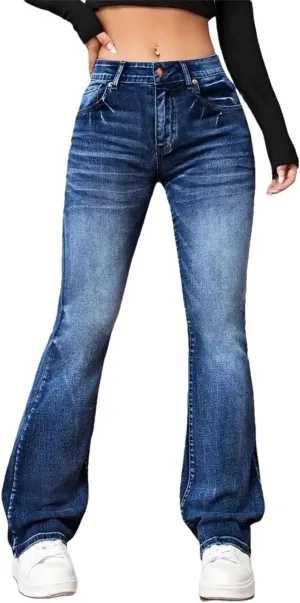 Women's Flared Jeans High Waisted Stretch Vintage Washed Tummy Flare Pants