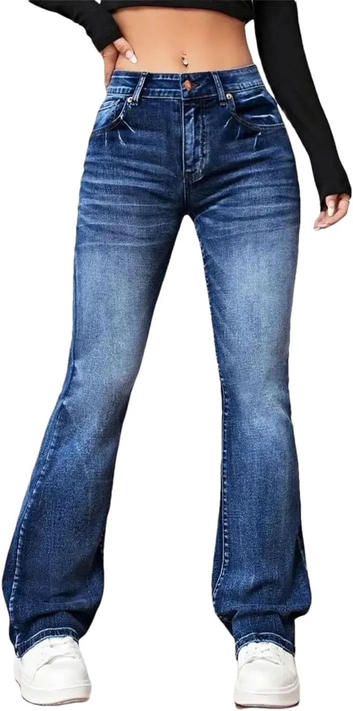 Women's Flared Jeans High Waisted Stretch Vintage Washed Tummy Flare Pants