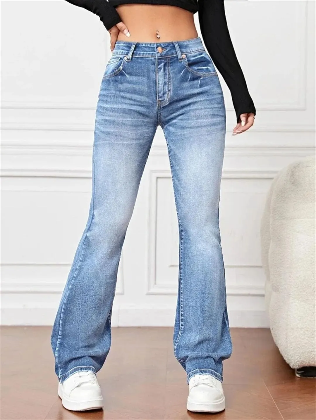 Women's Flared Jeans High Waisted Stretch Vintage Washed Tummy Flare Pants