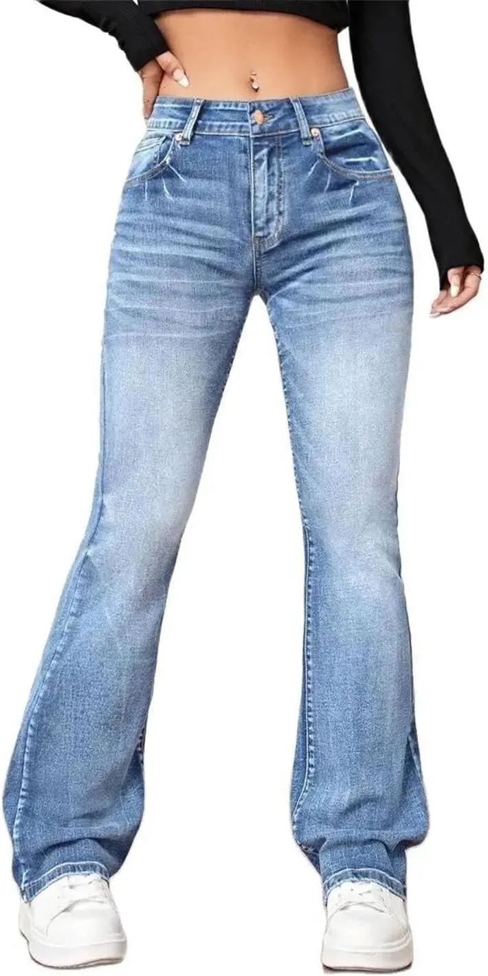 Women's Flared Jeans High Waisted Stretch Vintage Washed Tummy Flare Pants