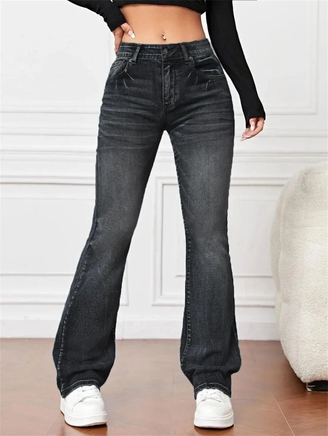 Women's Flared Jeans High Waisted Stretch Vintage Washed Tummy Flare Pants