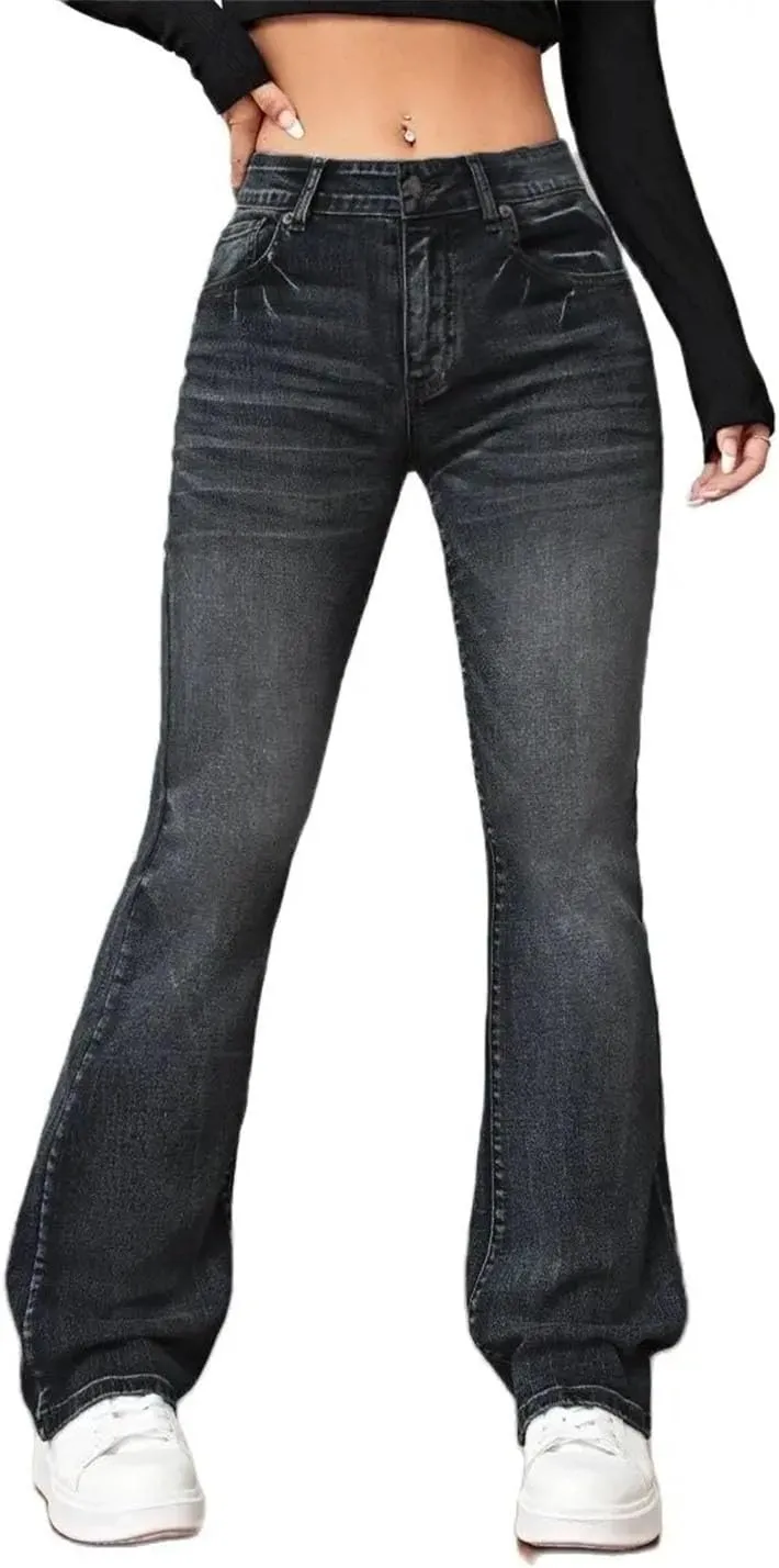 Women's Flared Jeans High Waisted Stretch Vintage Washed Tummy Flare Pants