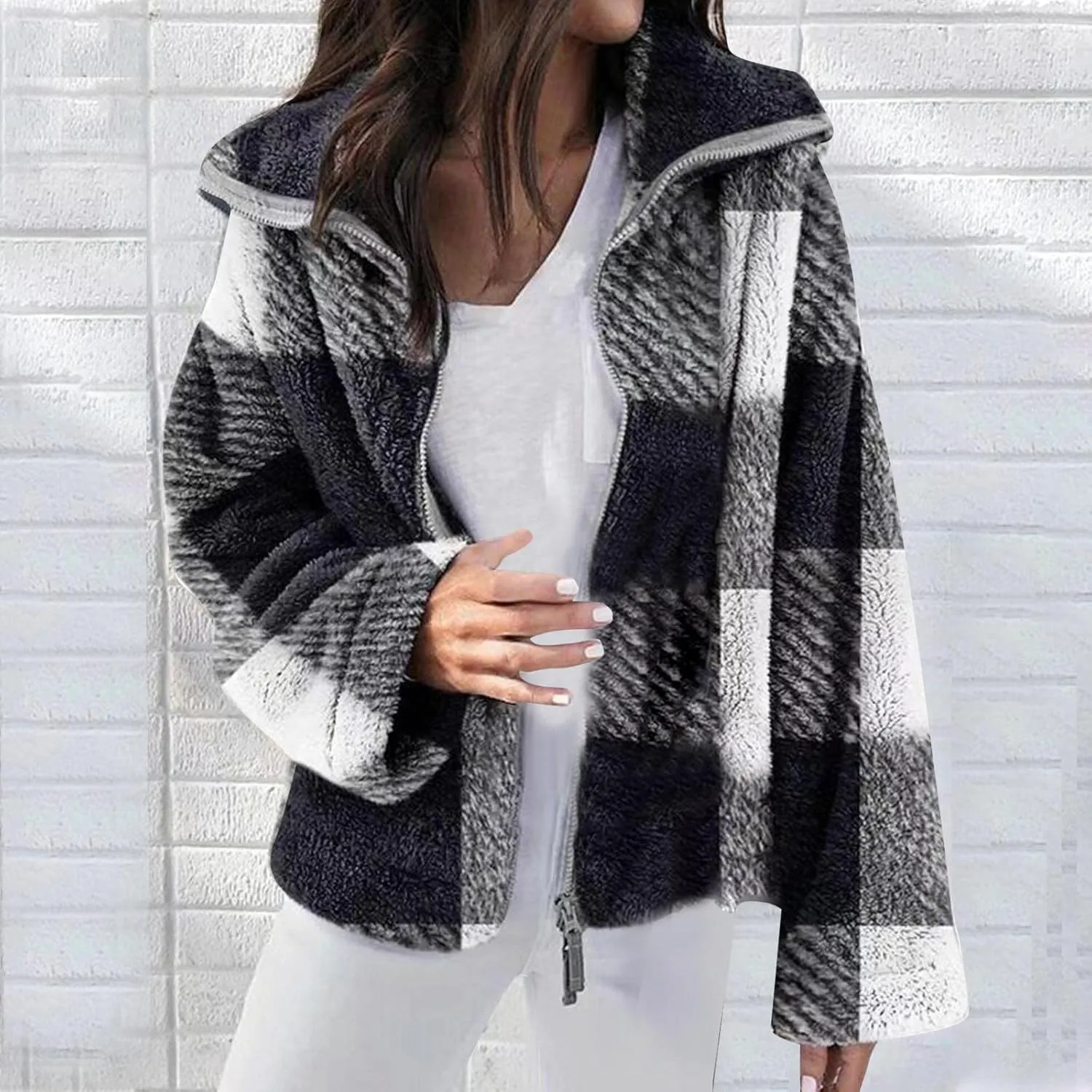 Womens Fleece Shacket Jacket 2024 Full Zip Up Lapel Casual Outfits Plaid Cropped Jackets Thermal Fall Outerwear Tops
