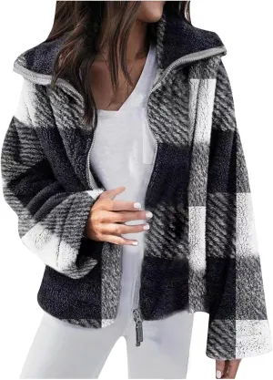 Womens Fleece Shacket Jacket 2024 Full Zip Up Lapel Casual Outfits Plaid Cropped Jackets Thermal Fall Outerwear Tops