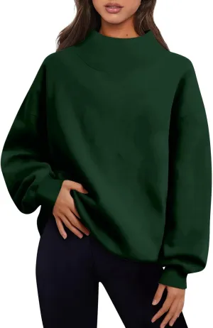 Women's French Terry Sweatshirt Fashion Solid Color Long Sleeve Loose Slit Half Turtleneck Sweatshirt Top, S-3XL