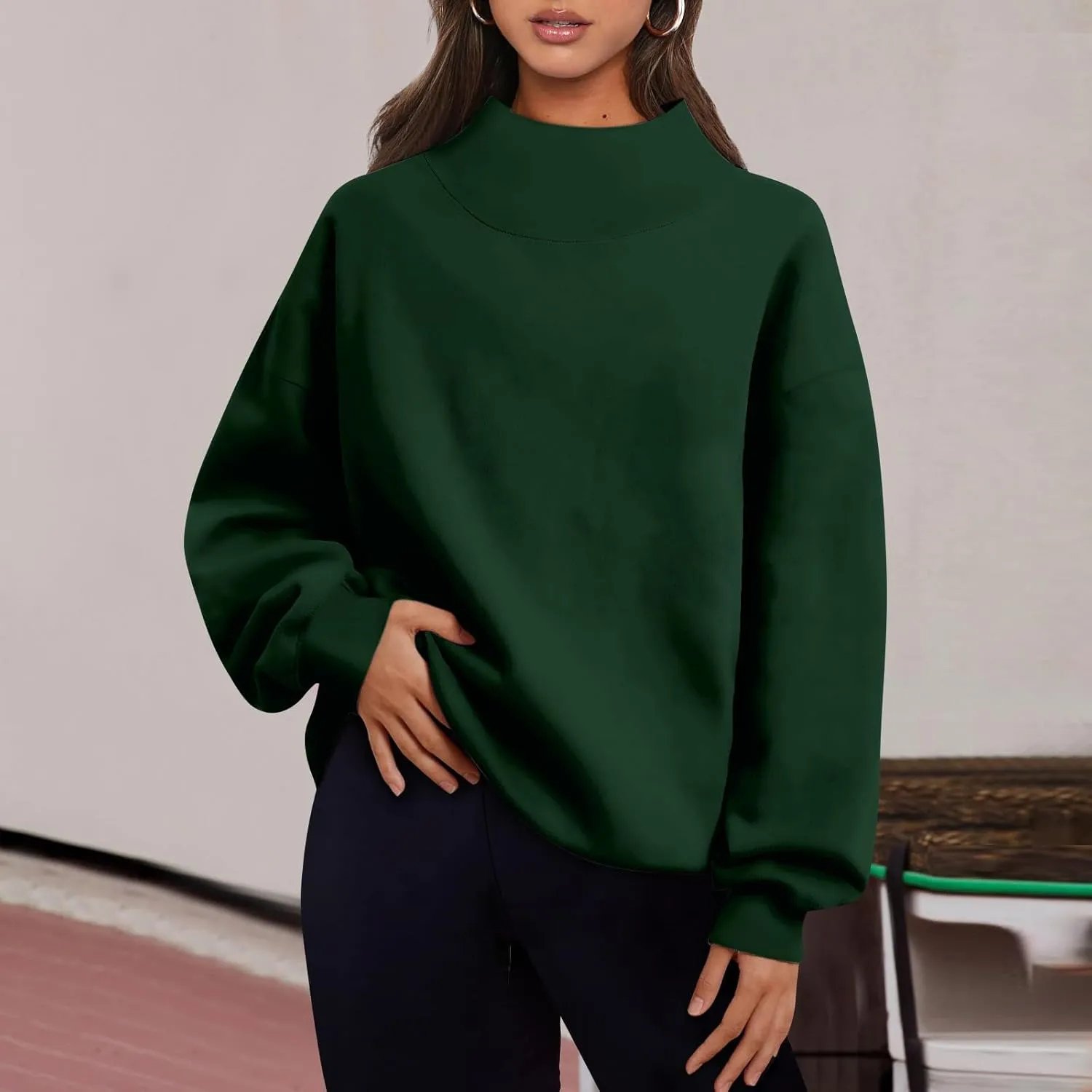 Women's French Terry Sweatshirt Fashion Solid Color Long Sleeve Loose Slit Half Turtleneck Sweatshirt Top, S-3XL