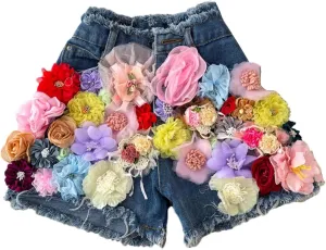 Women's High Waisted Wide Leg Jeans Shorts Sexy Floral Patchwork Denim Shorts